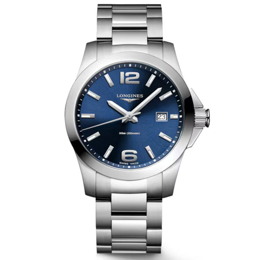 The Longines Conquest Quartz 41mm Watch features a blue dial, silver markers, date window at 3 o’clock, and stainless steel bracelet—an elegant Swiss luxury timepiece by Longines shown on a white background.