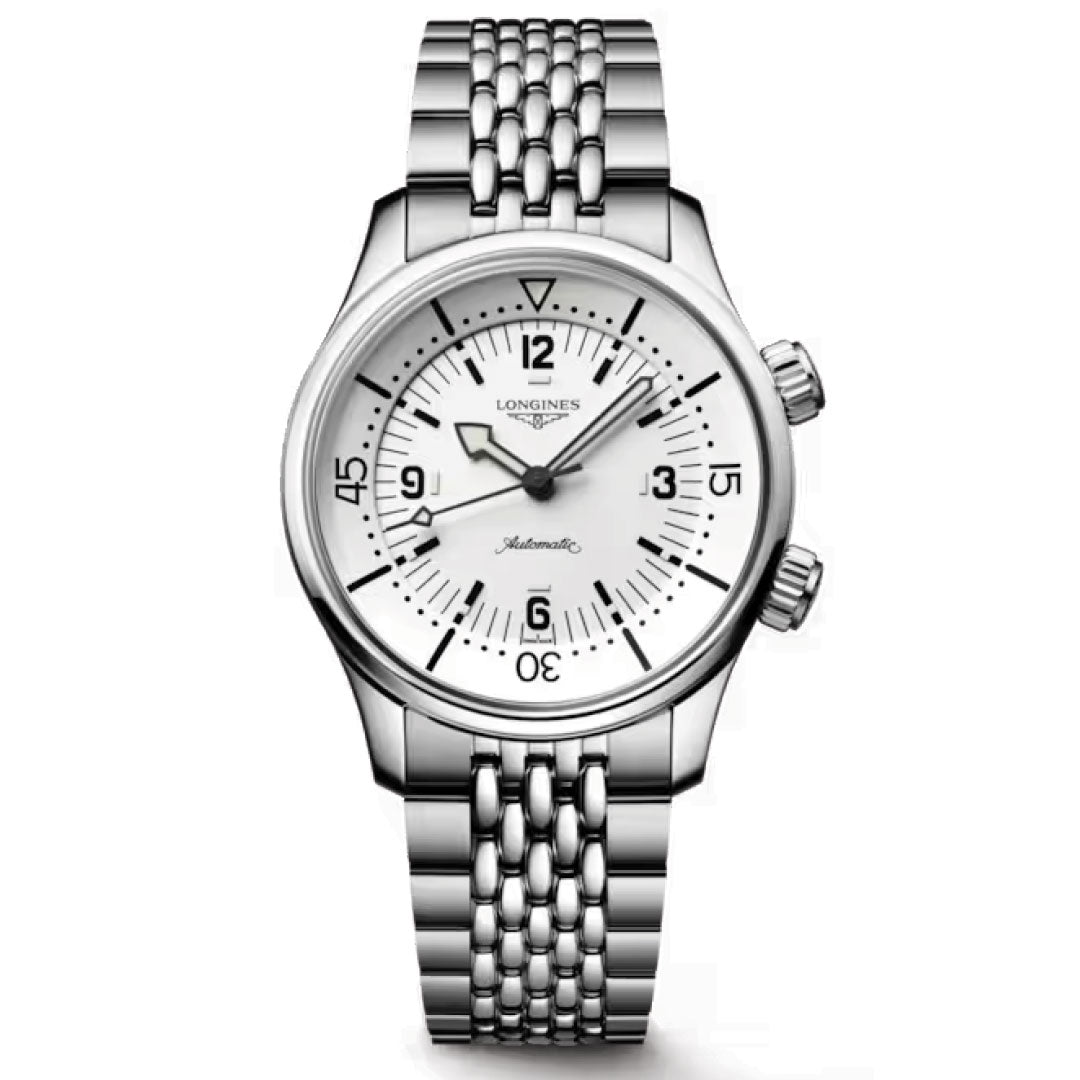 The Longines Legend Diver Automatic 39mm Watch features a silver case, white dial with black hour markers and Arabic numerals, two crowns, internal rotating bezel, and a metal link bracelet for classic dive watch functionality.