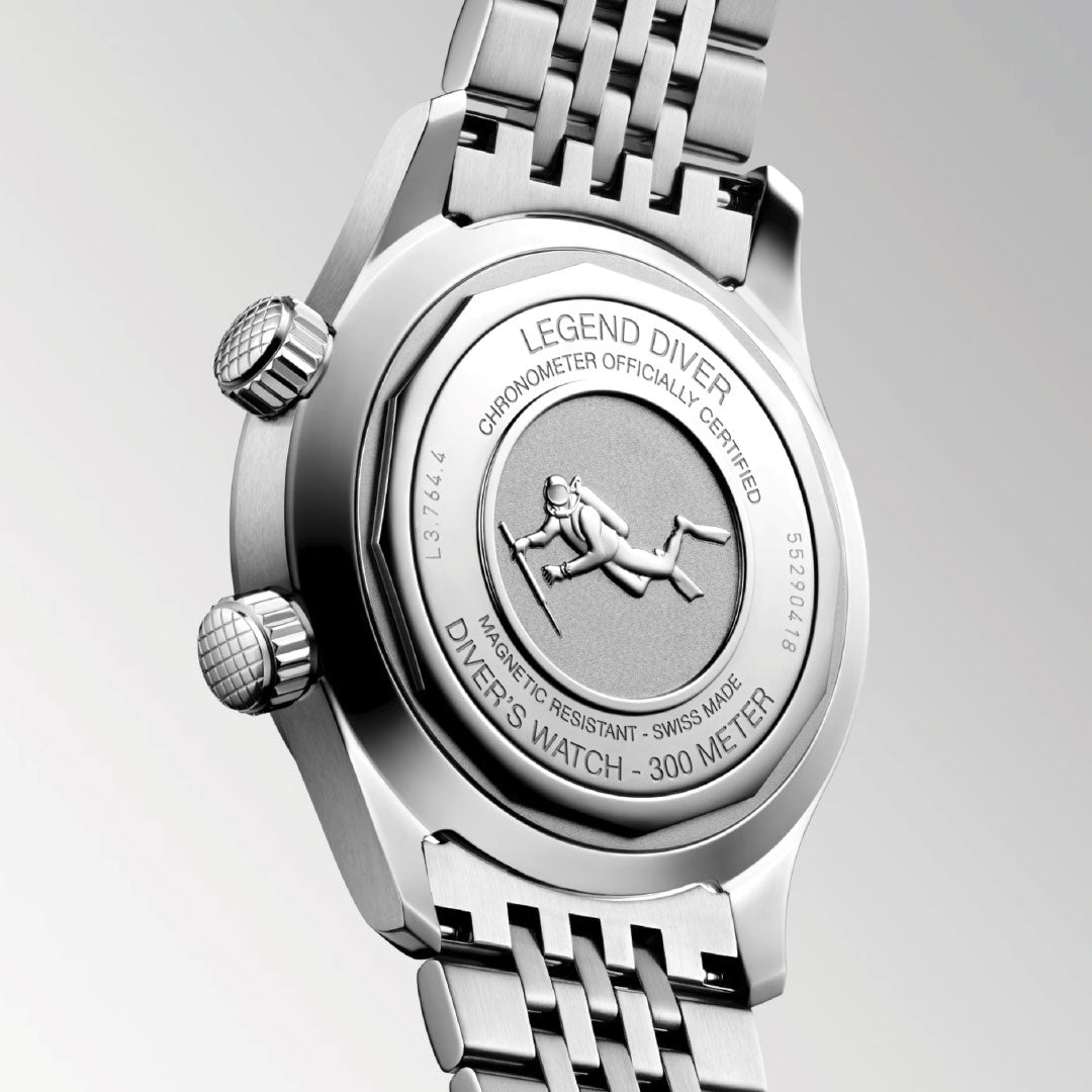 Back view of the Longines Legend Diver Automatic 39mm Watch showcases an engraved diver illustration, certification details, "300 meter" water resistance, "MAGNETIC RESISTANT SWISS MADE," and an internal rotating bezel.