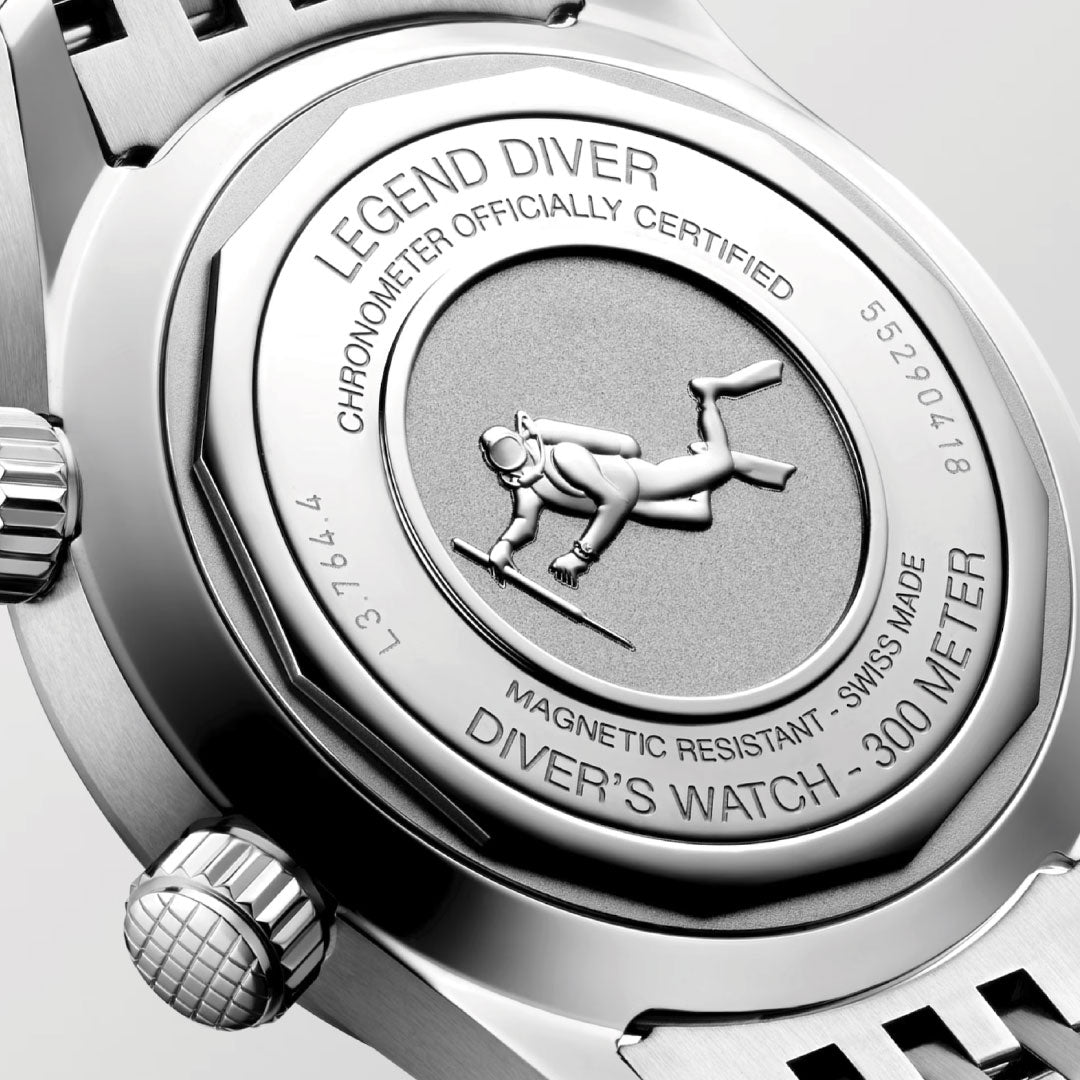 Close-up of the back of the Longines Legend Diver Automatic 39mm Watch, highlighting the engraved diver, "LEGEND DIVER," "CHRONOMETER OFFICIALLY CERTIFIED," and "300 METER DIVER'S WATCH" text, plus its internal rotating bezel.