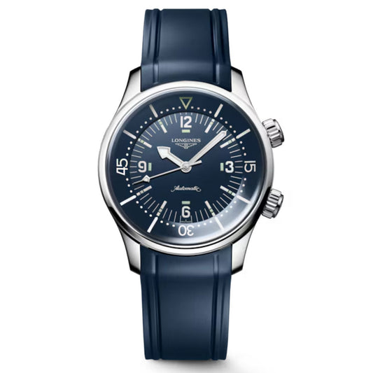 The Longines Legend Diver Automatic 39mm Watch features a stainless steel case, blue dial, luminous hands and markers, internal rotating bezel, dual crowns, and a blue rubber strap—ideal for diving watch enthusiasts.