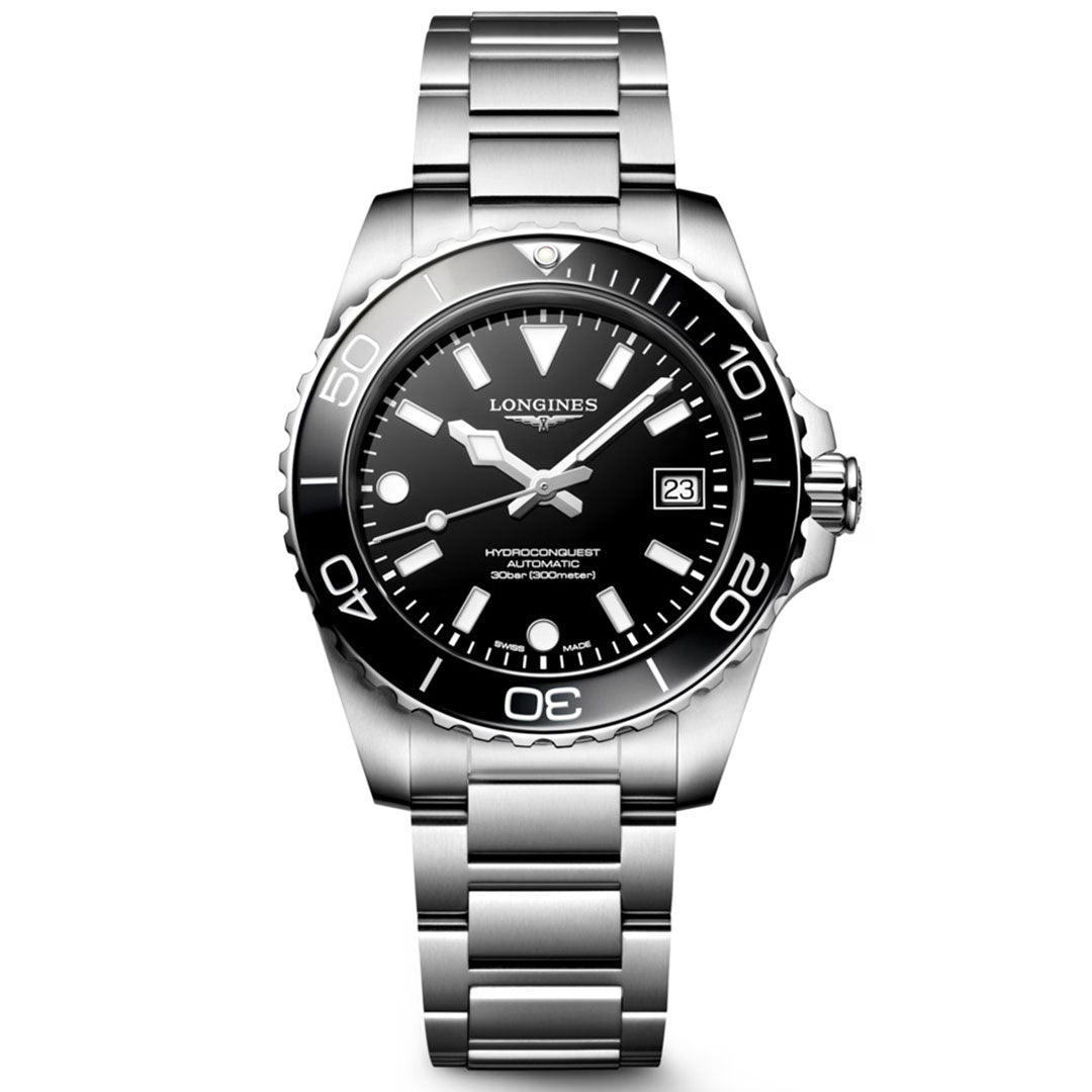 The Longines Hydroconquest Automatic 39mm Watch features a black dial with luminous hands and markers, date at 3 o’clock, unidirectional bezel, 300m water resistance, stainless steel case and bracelet, powered by the Longines automatic movement.