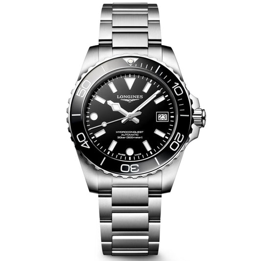 The Longines Hydroconquest Automatic 39mm Watch features a black dial with luminous hands and markers, date at 3 o’clock, unidirectional bezel, 300m water resistance, stainless steel case and bracelet, powered by the Longines automatic movement.
