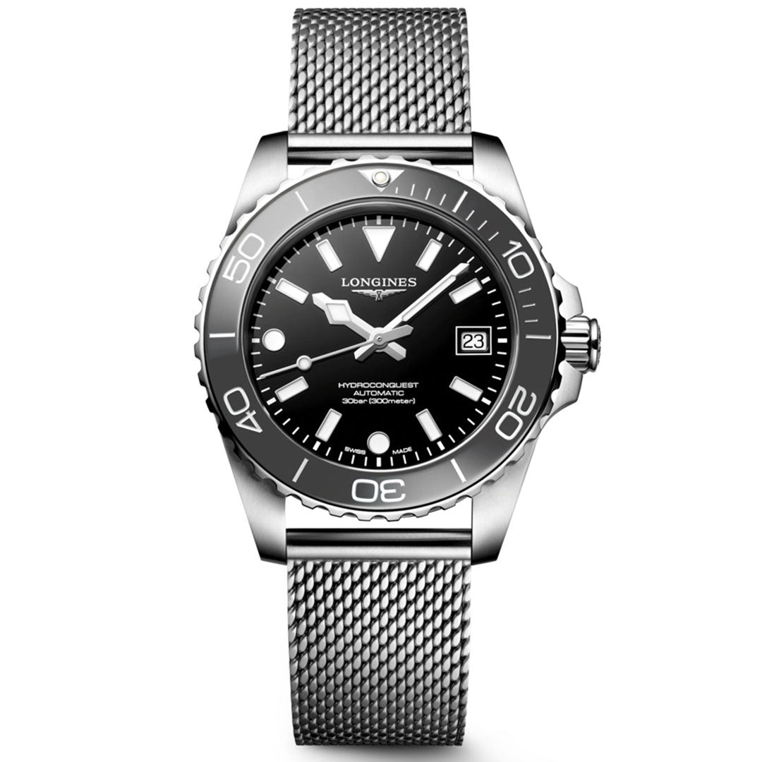 The Longines Hydroconquest Automatic 39mm Watch features a silver stainless steel mesh bracelet, black dial with white markers, date at 3 o’clock, rotating bezel, and is water-resistant to 300m.