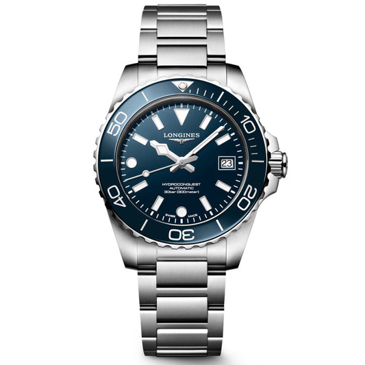 The Longines Hydroconquest Automatic 39mm Watch features a blue dial, stainless steel bracelet, automatic movement, date window at 3 o’clock, and blue bezel. Water-resistant to 300m.