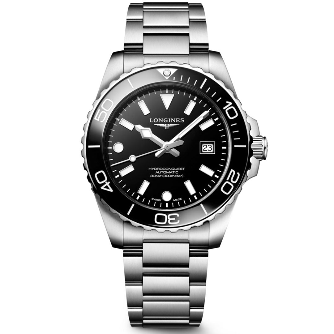 The Longines Hydroconquest Automatic 42mm features a stainless steel case, black bezel and dial, white hour markers, date at 3 o’clock, metal bracelet, minute markings on the bezel, and is water-resistant.