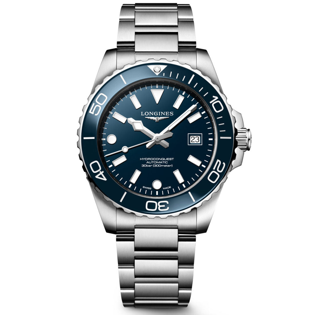 The Longines Hydroconquest Automatic 42mm Watch features a stainless steel case, blue dial and bezel, silver markers, date at 3 o’clock, silver link bracelet, water resistance to 300m, and is powered by a Longines automatic calibre.