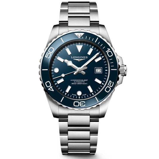 The Longines Hydroconquest Automatic 42mm Watch features a stainless steel case, blue dial and bezel, silver markers, date at 3 o’clock, silver link bracelet, water resistance to 300m, and is powered by a Longines automatic calibre.