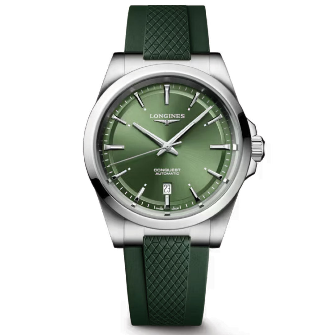 The Longines Conquest Automatic 41mm Watch blends sporty elegance with a green dial, silver hour markers, date at 6 o’clock, and a green textured strap. A stainless steel case completes this refined Longines timepiece.