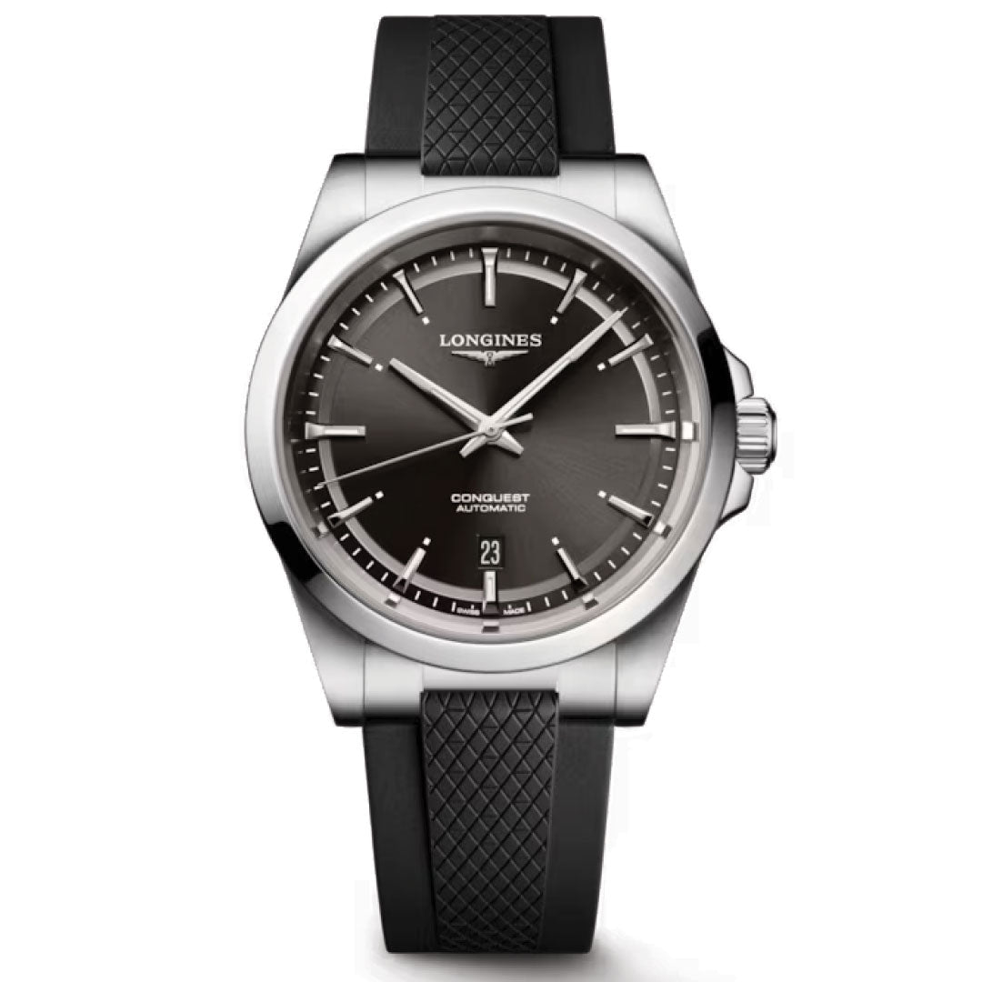 The Longines Conquest Automatic 41mm Watch features a silver stainless steel case, black dial, silver hour markers, date at 6 o’clock, and a textured black rubber strap—a stylish Swiss timepiece for daily wear.