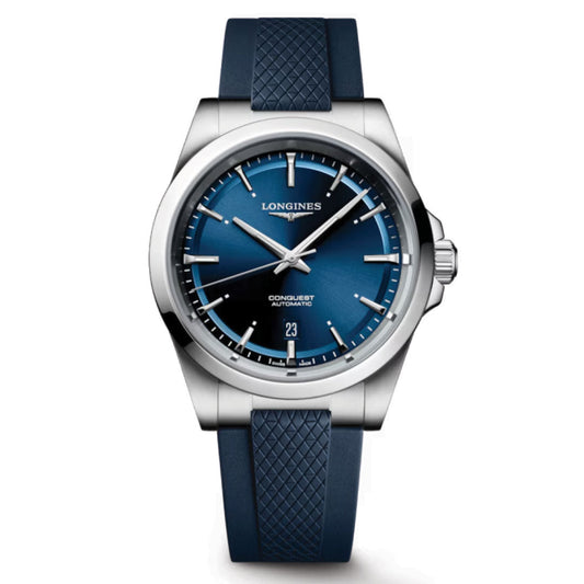 The Longines Conquest Automatic 41mm Watch pairs sporty elegance with a blue gradient dial, silver markers, date at 6 o’clock, stainless steel case, and a textured blue rubber strap.