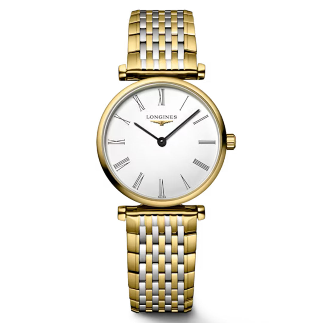 The Longines La Grande Classique Quartz 24mm Watch is an ultra-slim timepiece from Longines, featuring a gold and silver metal band, a white dial with Roman numeral hour markers, and elegant gold hands for a timeless and refined look.