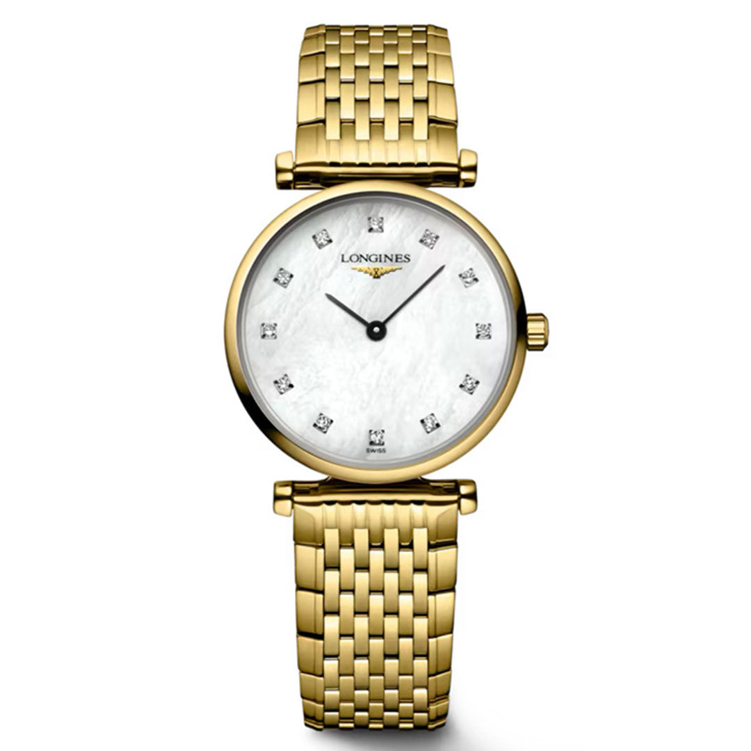 The Longines La Grande Classique Quartz 24mm Watch features a gold case, white mother-of-pearl dial with diamond hour markers, and a gold woven-link bracelet, embodying classic elegance. The hands indicate 10:10 against a plain white background.