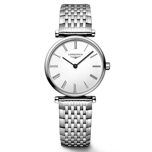 A Longines La Grande Classique Quartz 24mm Watch, renowned for its ultra-thin profile and timeless elegance, is pictured with a silver metal link band, a white dial featuring black Roman numeral hour markers, and displays the time at 10:10.