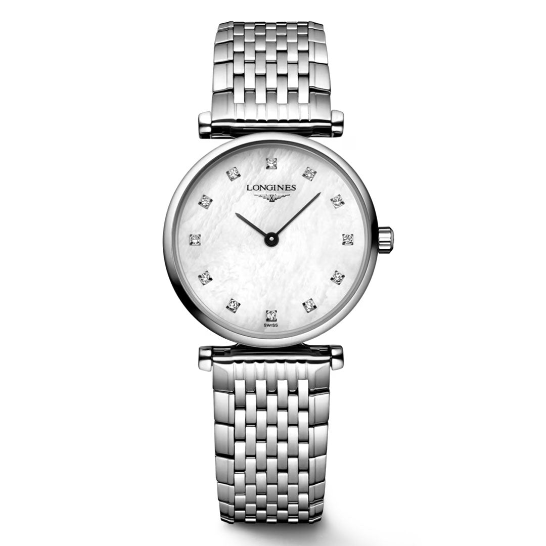 The Longines La Grande Classique Quartz 24mm Watch showcases classic elegance with its silver-tone metal link bracelet, white dial adorned with diamond hour markers, and signature slim profile. Presented against a plain white background, this distinguished timepiece from Longines embodies timeless refinement.