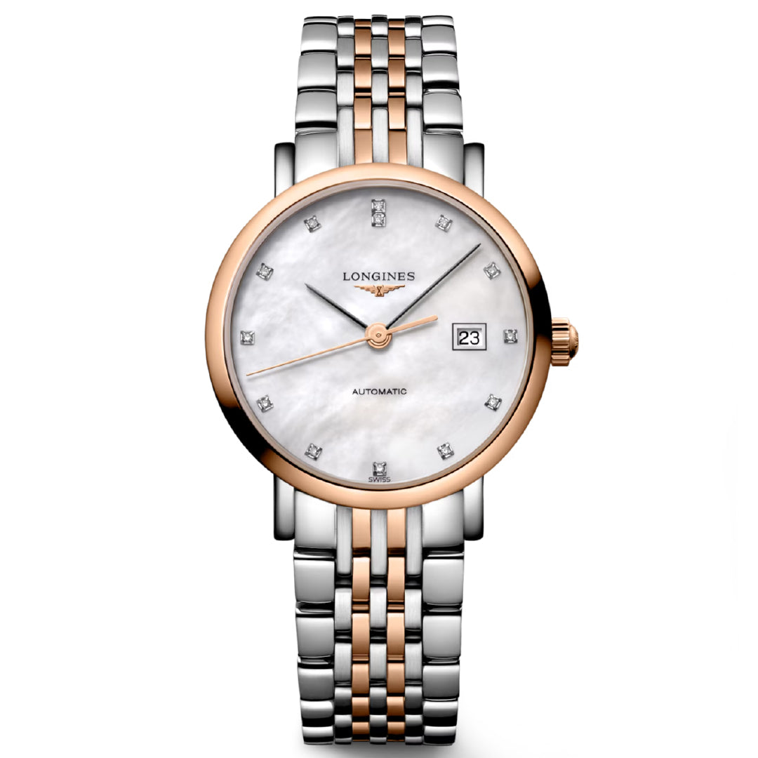 The Longines Elegant Collection Automatic 29mm Watch combines timeless elegance with a silver and gold metal band, white face, gold bezel, and diamond markers. The "Longines" name elegantly graces the dial, featuring a date function on the right side.