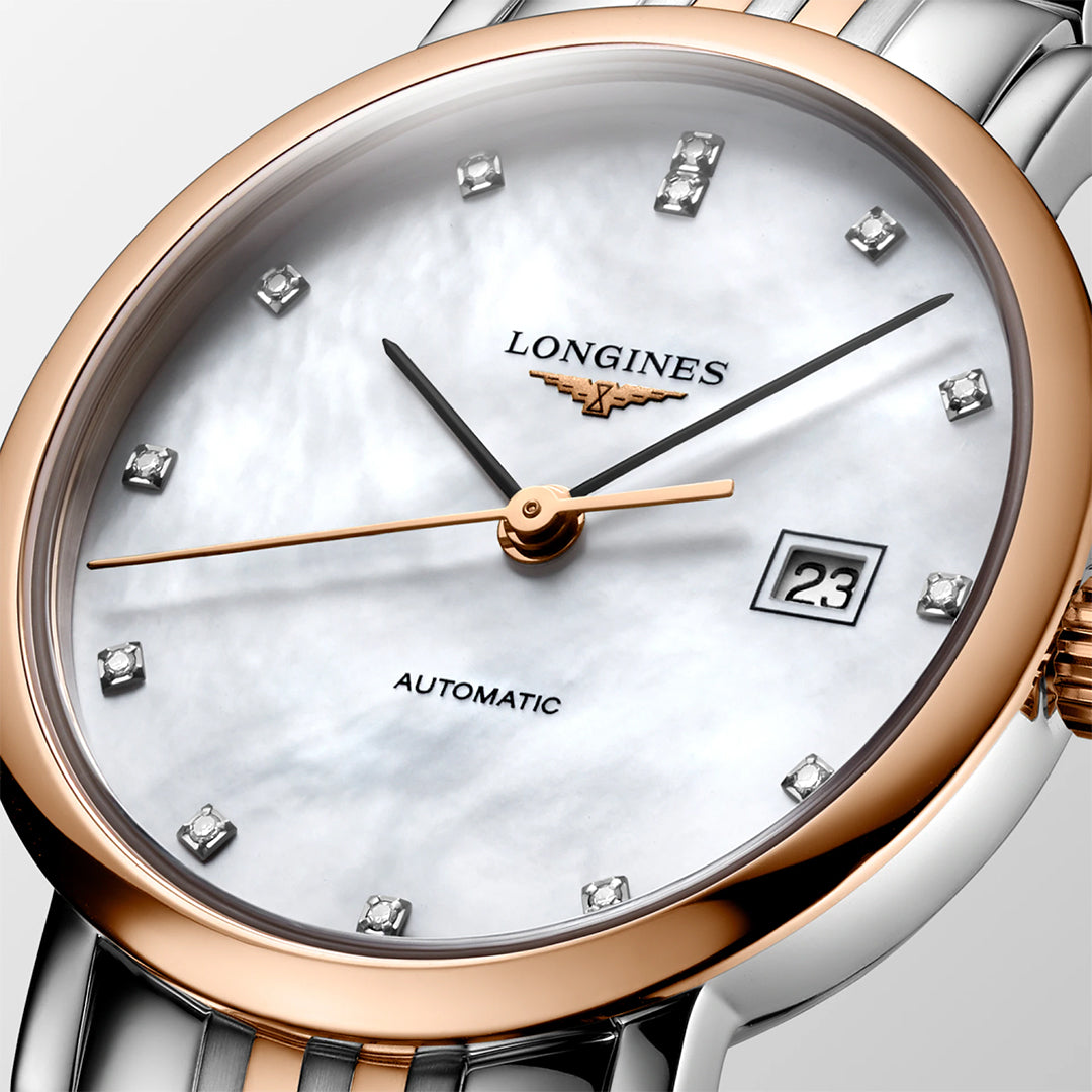 The Longines Elegant Collection Automatic 29mm Watch showcases a mother-of-pearl face, diamond markers, date display, rose gold casing with silver accents, and an "Automatic" dial label. The watch highlights timeless elegance at ten past ten.