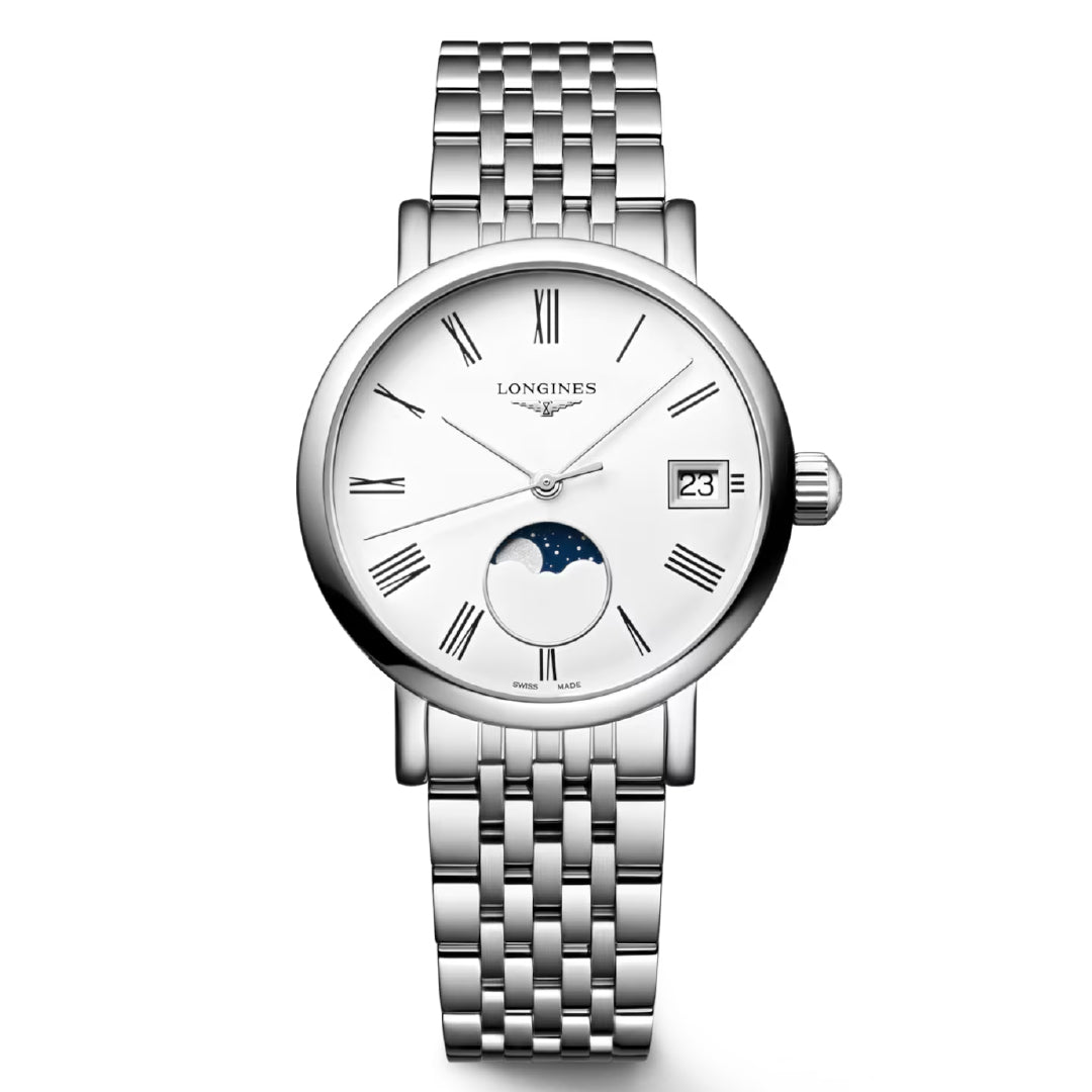 The Longines Elegant Collection Moonphase Quartz 30mm Watch features a silver design and a stainless steel band. This watch displays a white face with Roman numerals, a date window at 3 o'clock, and a moon phase indicator above 6 o'clock, showcasing the brand's rich watchmaking heritage and understated elegance.