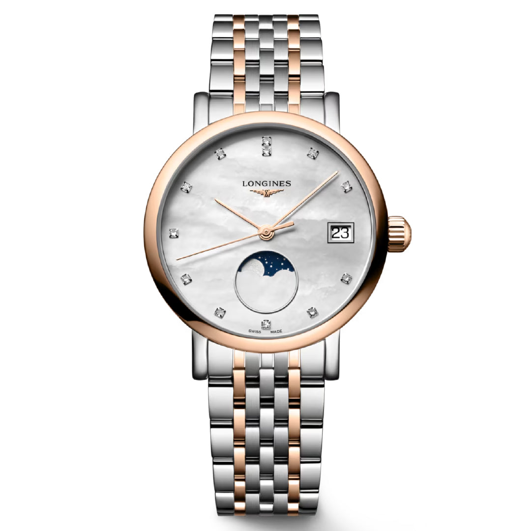 The Longines Elegant Collection Moonphase Quartz 37mm Watch exemplifies minimalist elegance with its luxury wristwatch design, featuring a stainless steel and rose gold band. Diamond hour markers, a date display at 3 o'clock, and a moon phase indicator at 6 o'clock highlight its timeless watchmaking tradition, with the Longines name proudly displayed on the dial.