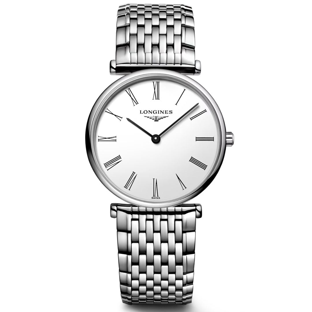 The Longines La Grande Classique Quartz 29mm Watch features a silver metal bracelet, white dial with black Roman numerals, and two slim black hands—an embodiment of classic elegance by Longines.