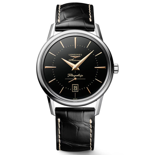 The Longines Flagship Heritage Automatic 38.5mm Watch features a black leather strap, black dial with gold hour markers and hands, date at 6 o’clock, and a silver stainless steel case—a timeless choice for classic watch lovers.