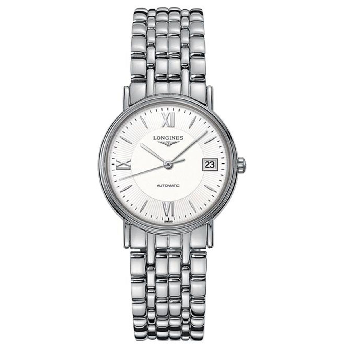 The Longines Présence Automatic 34.5mm Watch showcases a silver wristwatch design with a metal link band, featuring a white face embellished with Roman numerals and the Longines name. It is crafted with scratch-resistant sapphire crystal and includes an automatic movement, as well as a date display located next to the 3 o'clock position.