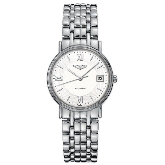 The Longines Présence Automatic 34.5mm Watch showcases a silver wristwatch design with a metal link band, featuring a white face embellished with Roman numerals and the Longines name. It is crafted with scratch-resistant sapphire crystal and includes an automatic movement, as well as a date display located next to the 3 o'clock position.