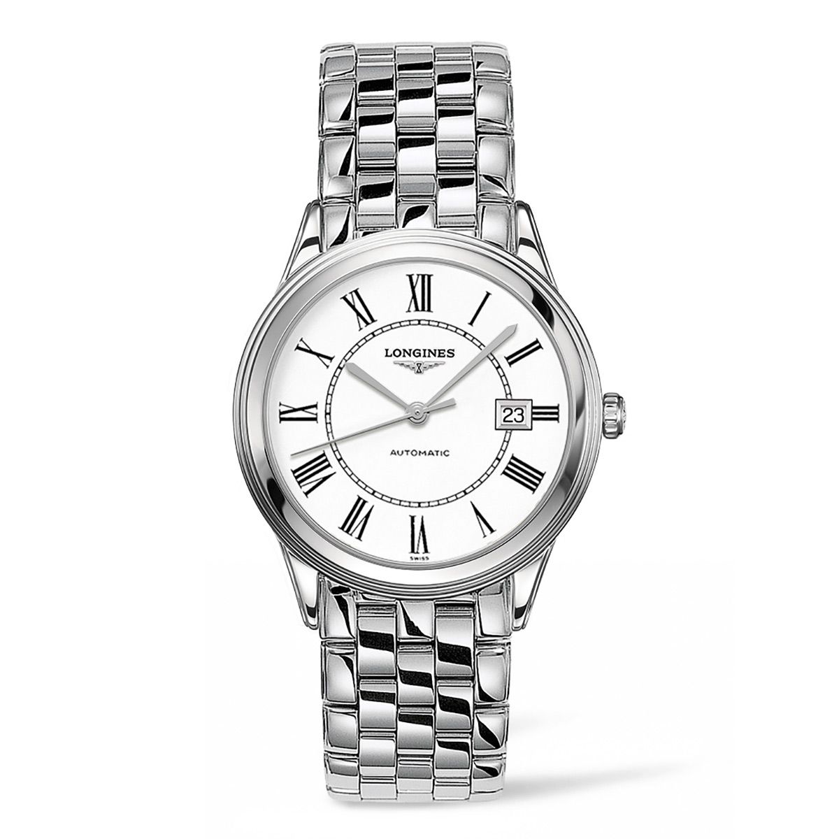 The Longines Flagship Automatic 38.5mm Watch showcases a white dial with black Roman numerals and is protected by a scratch-resistant sapphire crystal. This silver wristwatch features a stainless steel band and displays the Longines brand name at the top of the dial, with the date conveniently positioned at 3 o'clock.