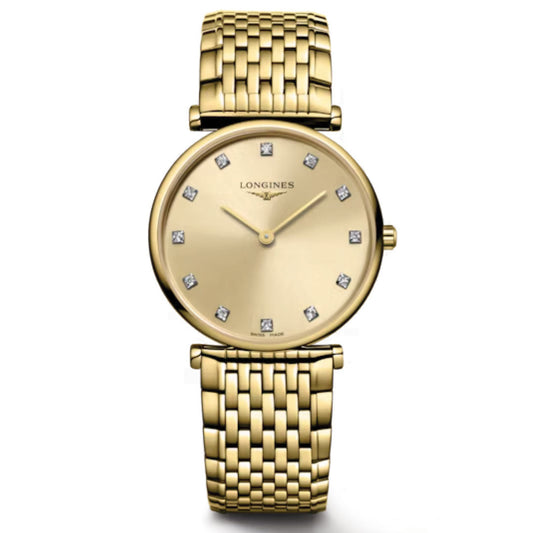 The Longines La Grande Classique De Longines Quartz 39mm Watch features a gold woven metal band, minimalist gold dial with diamond hour markers, and two hands, exuding classic elegance against a white background.