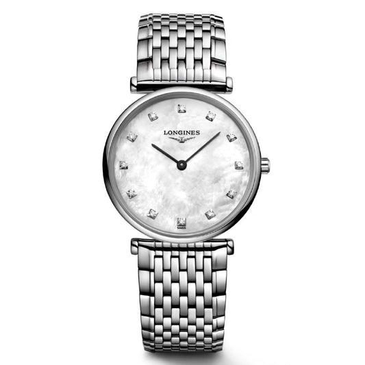 The Longines La Grande Classique Quartz 29mm Watch features a silver metal band, a white mother-of-pearl dial, and diamond hour markers, reflecting classic elegance by Longines against a plain white background.