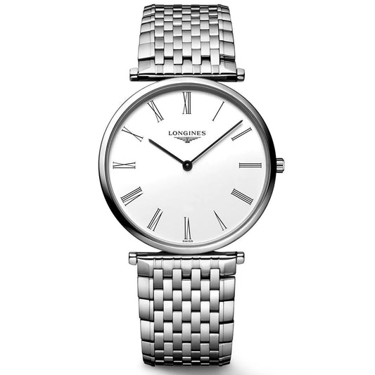 The Longines La Grande Classique Quartz 36mm Watch in silver, featuring a sleek woven metal band, exudes timeless elegance. Its round white dial showcases Roman numerals and elegant black hands, while the esteemed name "Longines" graces the space under the 12 o'clock position, embodying refined horology in its minimalist and classic design.