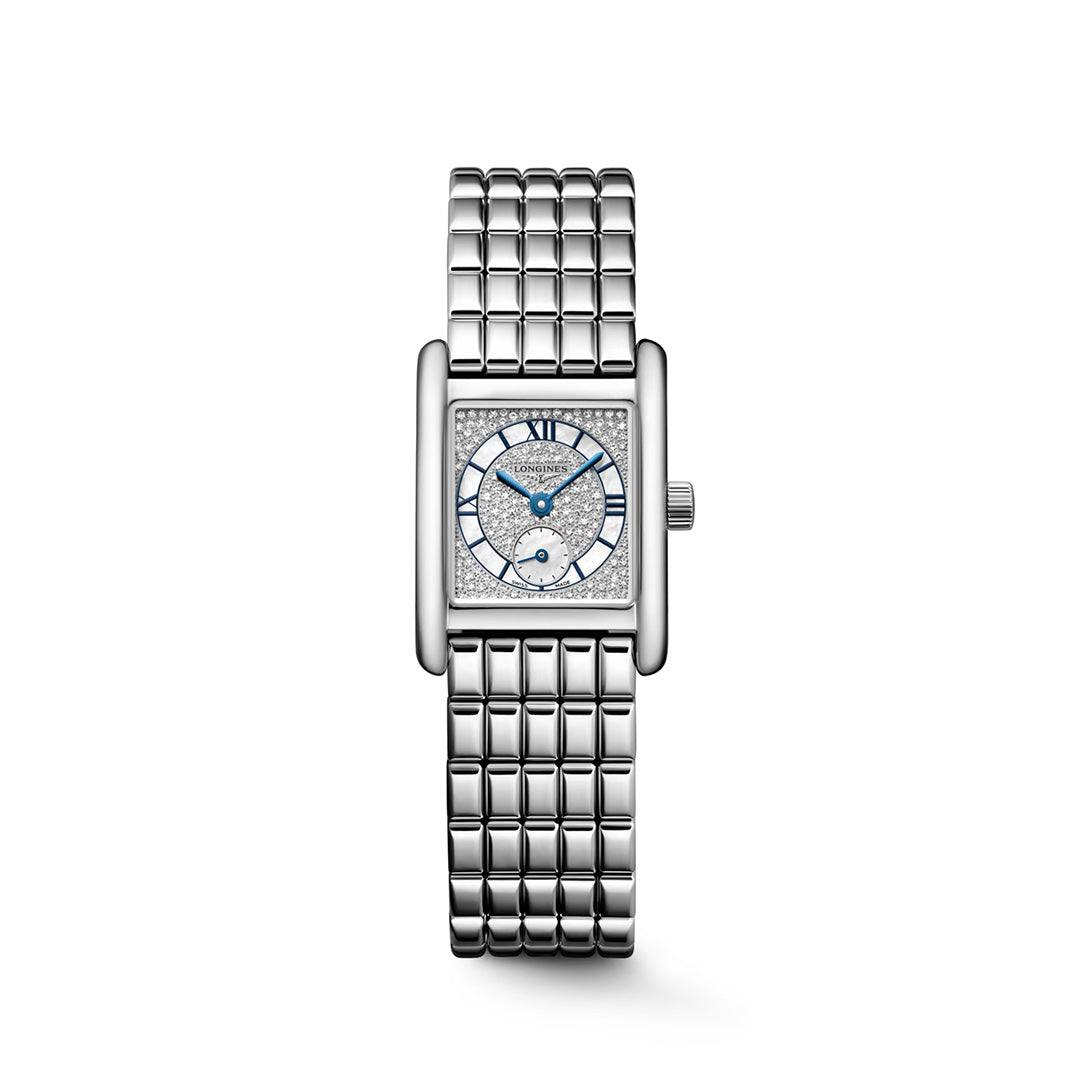 Rectangular silver Longines Mini Dolcevita Quartz 21.5 x 29mm Watch with a pavé diamond dial, blue Roman numerals and hands, and a linked stainless steel bracelet.