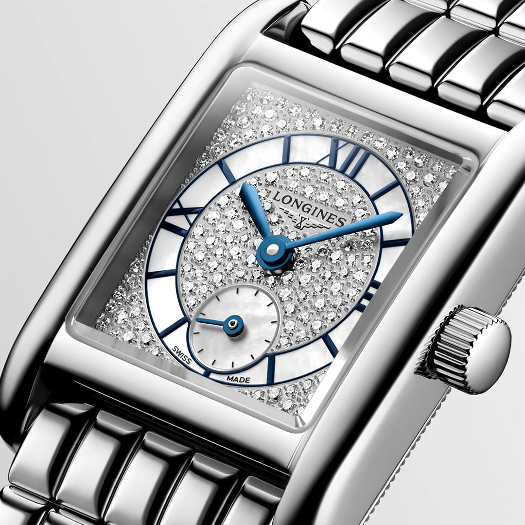 Longines Mini Dolcevita Quartz 21.5 x 29mm rectangular watch with a diamond-paved dial, blue hands, and a stainless steel bracelet.