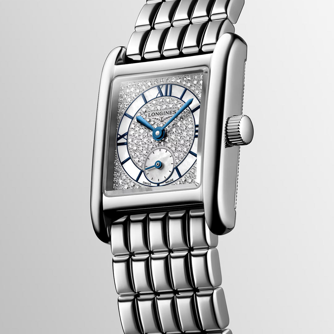 Longines Mini Dolcevita Quartz 21.5 x 29mm rectangular watch with a stainless steel bracelet, featuring a diamond-paved dial with blue Roman numeral indices, blue hands, and a small seconds sub-dial.