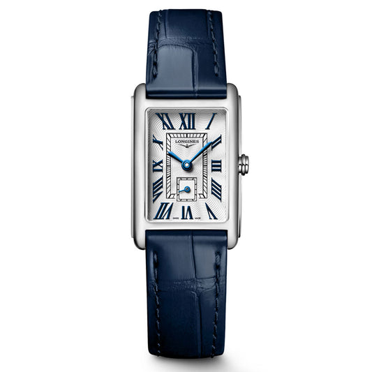 The Longines Dolcevita Quartz 20.8 x 32mm Watch features a rectangular silver case, a white dial with blue Roman numeral markers, blue hands, a small seconds subdial, and a blue leather strap. The "Longines" logo is displayed below the 12 o'clock position, embodying the timeless elegance of the Longines Dolcevita collection.