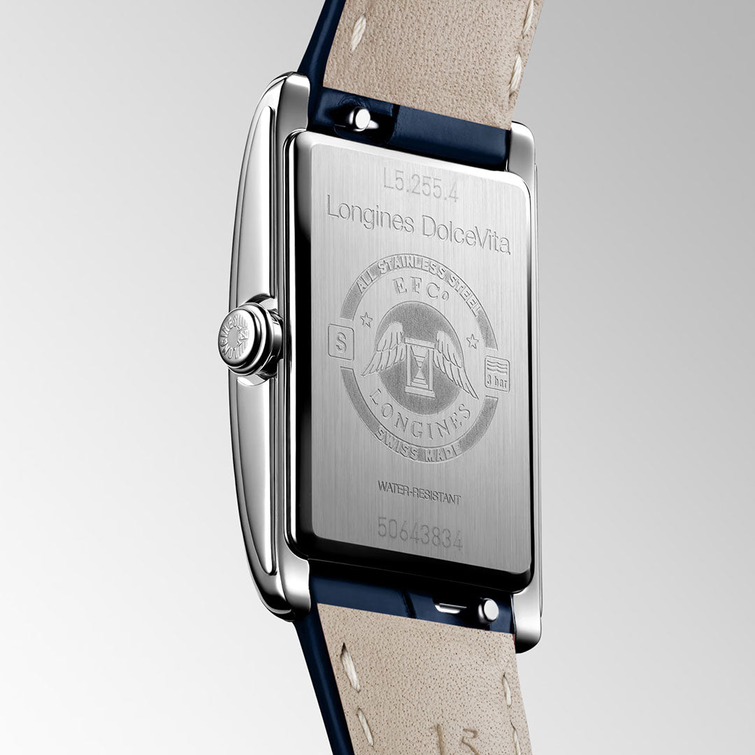 Close-up of the back of a Longines Dolcevita Quartz 20.8 x 32mm Watch, highlighting detailed engravings such as the Longines brand name, logo, water resistance details, model number, and a finely stitched leather strap—showcasing the timeless elegance characteristic of this iconic collection.