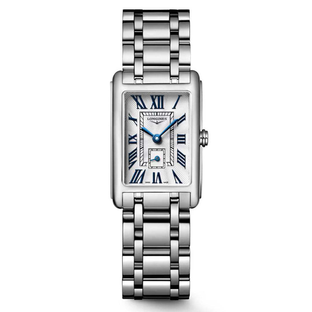 The Longines Dolcevita Quartz 20.8 x 32mm Watch features a rectangular silver case, metal link band, white dial with blue Roman numerals and hands, plus a small square subdial above the 6 o’clock position for classic elegance.