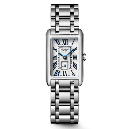 The Longines Dolcevita Quartz 20.8 x 32mm Watch features a rectangular silver case, metal link band, white dial with blue Roman numerals and hands, plus a small square subdial above the 6 o’clock position for classic elegance.