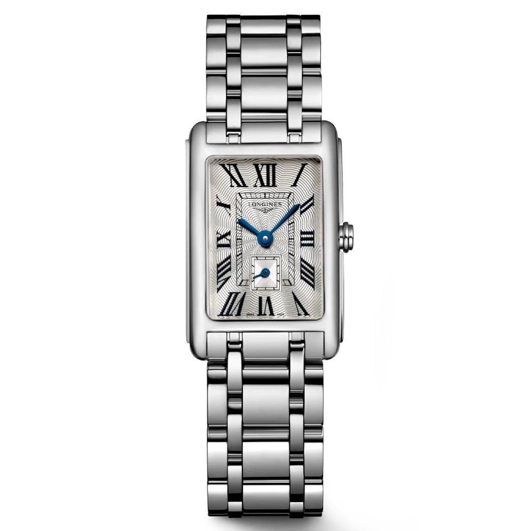 The Longines Dolcevita Quartz 20.80 X 32mm Watch exudes timeless elegance with its rectangular silver case, metal link band, Roman numeral face, small date display, and blue hands on a subtly waved background.
