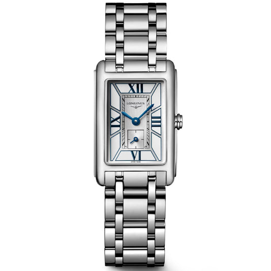 The Longines Dolcevita Quartz 20.8 x 32mm Watch features a rectangular stainless steel case, silver bracelet, blue Roman numerals and hands, and a small seconds subdial above 6 o'clock, offering timeless elegance on a white dial.