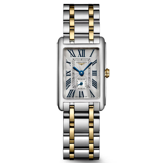 The Longines Dolcevita Quartz 20.8 x 32mm is a rectangular silver and gold wristwatch with a metal link band, blue Roman numerals, blue hands, and a date window—an elegant piece from the renowned Longines brand.
