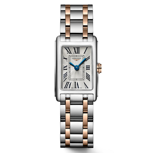 The Longines Dolcevita Quartz 17.70 X 27mm Watch exudes timeless elegance with a rectangular case and two-tone silver and rose gold bracelet. The face is adorned with Roman numerals and vibrant blue hands, while a rose gold crown enhances this sophisticated piece.