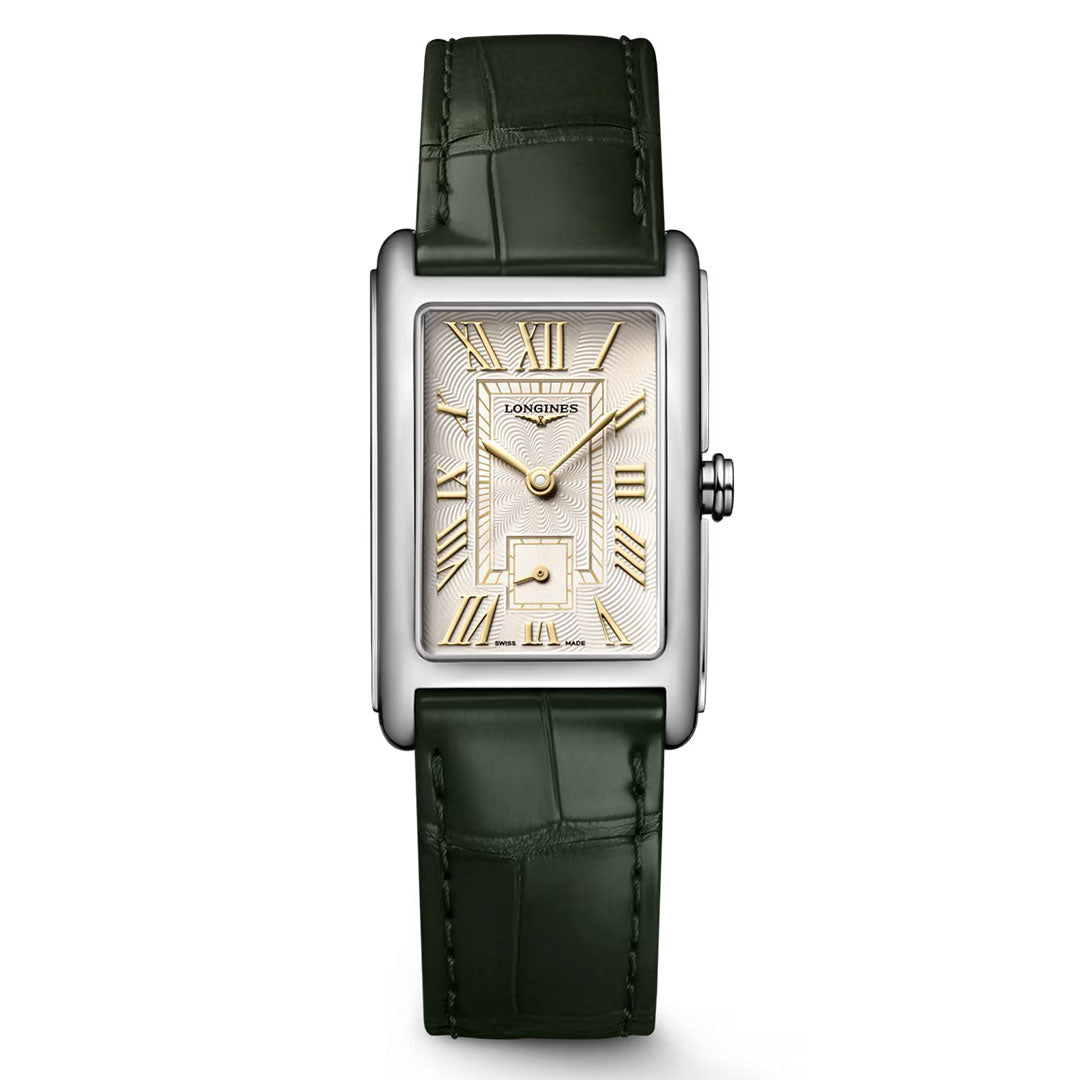 The Longines Dolcevita Quartz 23.30 x 37mm Watch features a rectangular stainless steel case, gold Roman numeral dial with textured face and date window, and an elegant dark green alligator strap.
