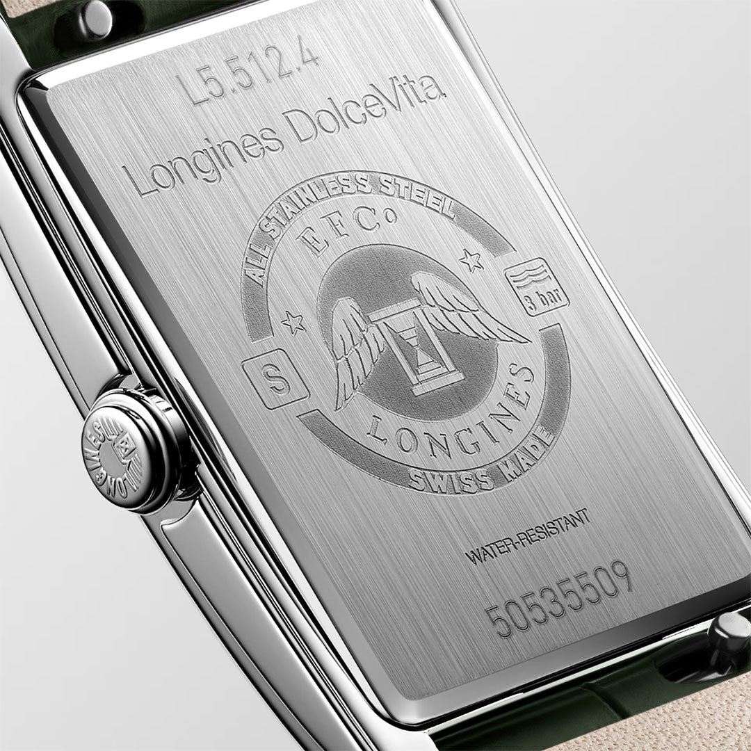 Close-up of the stainless steel case back of the Longines Dolcevita Quartz 23.30 x 37mm Watch, displaying engraved Longines logo, specifications, water resistance details, model number L5.512.4, and serial no. 50355509.