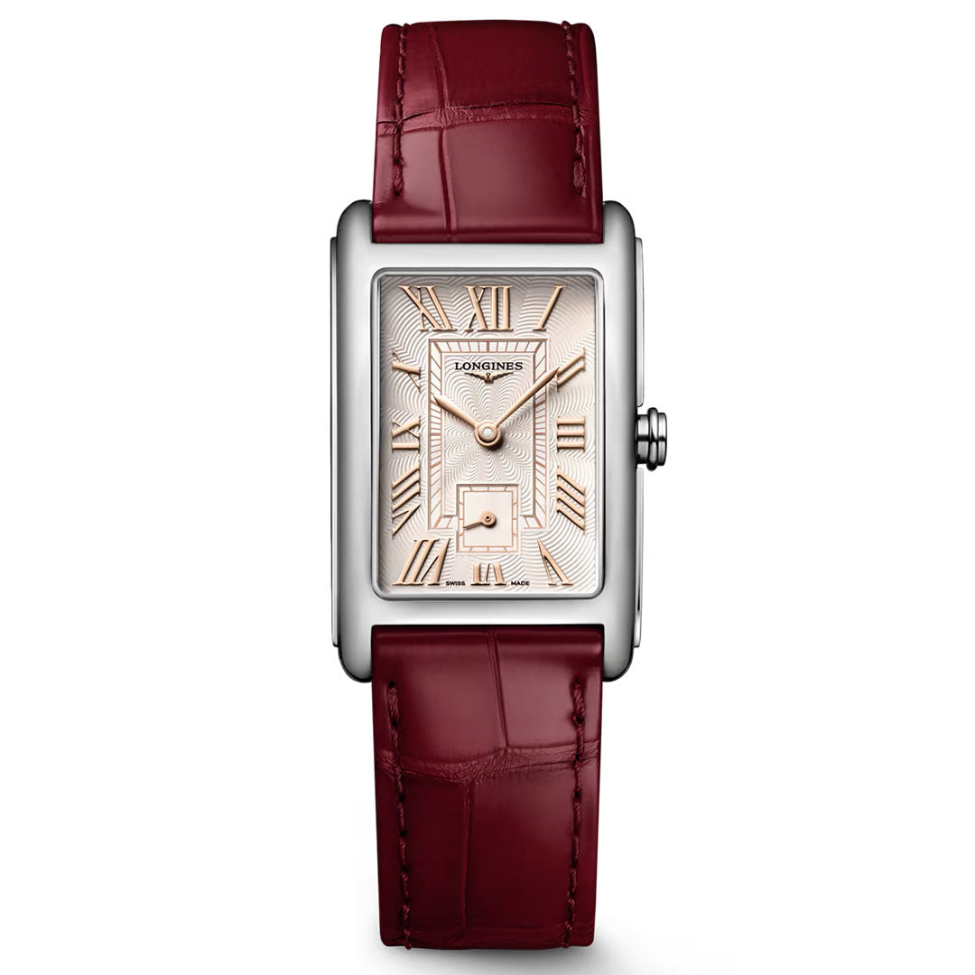 The Longines Dolcevita Quartz 23.3 x 37mm Watch is a rectangular timepiece featuring a silver-tone case, a textured white dial with gold Roman numerals, a discreet date window, and a burgundy leather strap. The Longines brand name stands out on the dial, embodying the timeless elegance of the DolceVita collection—an ideal choice for those who appreciate luxury watches with classic sophistication.