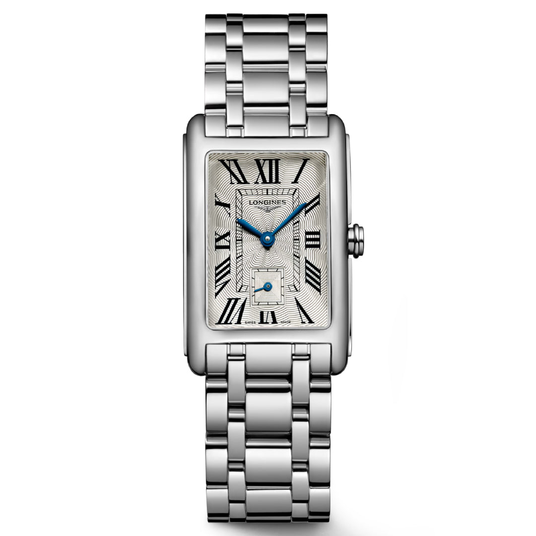The Longines Dolcevita Quartz 23.30 x 37mm watch showcases timeless elegance with a silver rectangular case, Roman numerals, and blue hands. Its textured dial includes a small date window, while a polished metal link bracelet completes this sophisticated accessory.