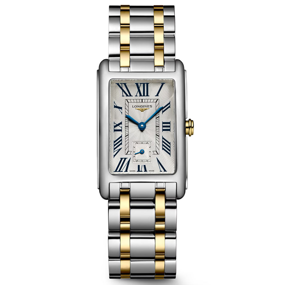 The Longines Dolcevita Quartz 23.3 x 37mm Watch features a rectangular case, silver and gold bracelet, white patterned dial, blue hands, Roman numerals, and a date window above 6 o'clock for a look of timeless elegance.