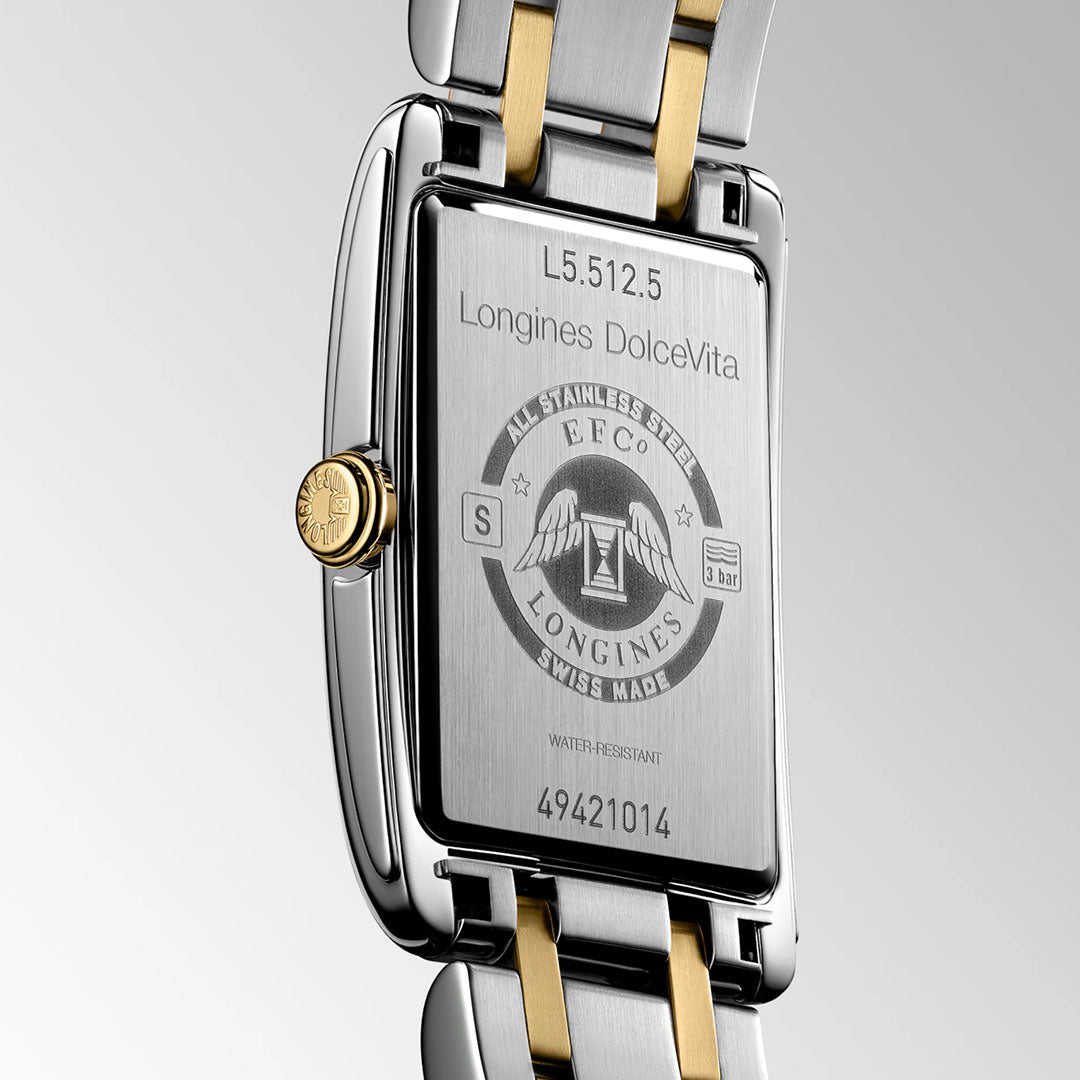 The image shows the back of a Longines Dolcevita Quartz 23.3 x 37mm watch, featuring a stainless steel and gold bracelet and an engraved case back with model details and the "Swiss Made" mark—reflecting Longines’ timeless elegance.