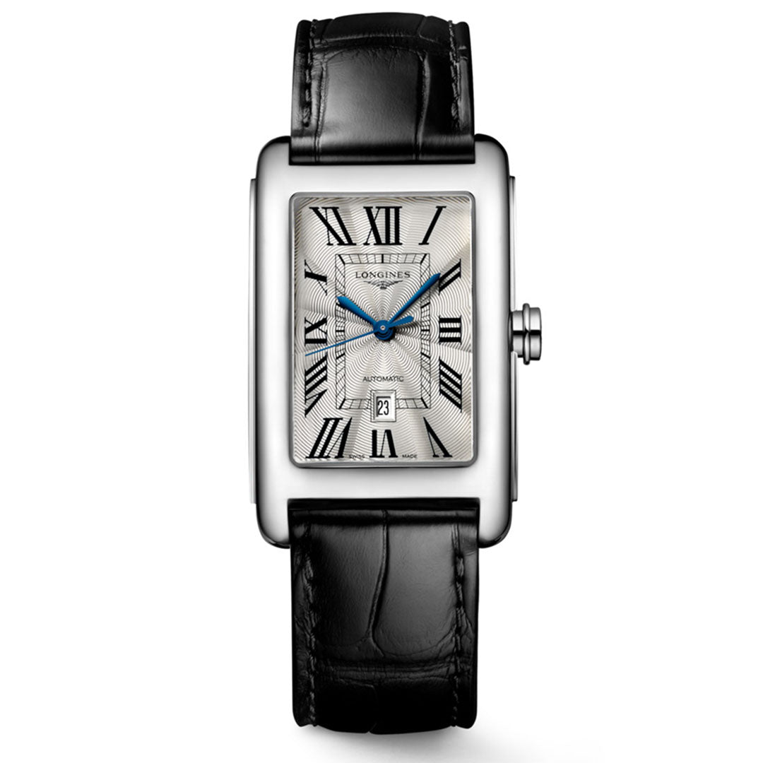 The Longines Dolcevita Automatic 27.7 x 43.8mm Watch features a rectangular silver dial with black Roman numerals, blue hands, date at 6 o’clock, a black leather strap, and the Longines name on the face for a look of timeless elegance.