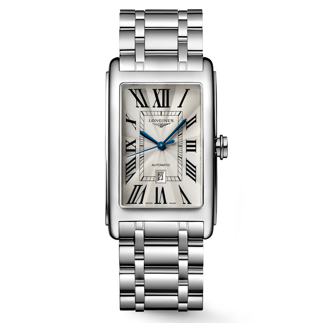 The Longines Dolcevita Automatic 28.2 x 47mm Watch features a rectangular silver case paired with a metal link bracelet, a white dial accented by black Roman numerals, elegant blue hands, and a date window at the 6 o’clock position. Showcasing the signature design of the Longines DolceVita collection, this refined timepiece displays the Longines logo just below the 12 o’clock mark.